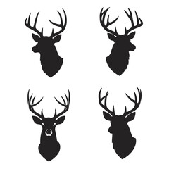 Four black silhouettes of deer heads with antlers on white background