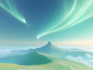 Ethereal Green Aurora Landscape with Majestic Mountain