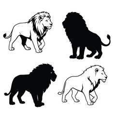 Four different illustrations of lions in various styles and colors on white background silhouette
