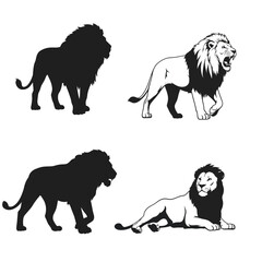 Collection of lions in different poses and black and white silhouettes