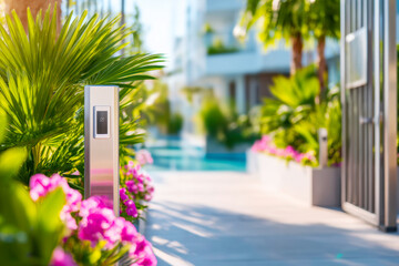 A modern security access control system with a scanner and keypad on a gated entrance symbolizing safety technology and protection