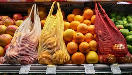 colorful citrus fruits and apples neatly packed in reusable mesh bags on a grocery store shelf sustainable living
