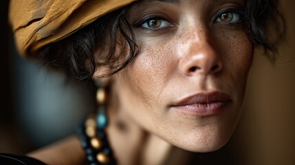 Portrait artistique d'une femme au regard intense portant un turban doré