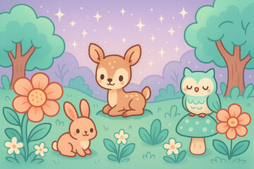 Fototapeta premium Charming Forest Friends: Cute Animals in a Whimsical Nature Scene