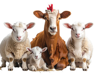 Obraz premium Hen Sitting with Cow, Goat, and Sheep, front view, isolated on transparent background PNG