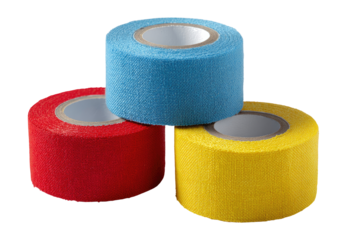 Three rolls of athletic tape, stacked.  Colorful rolls of cloth athletic tape, light blue, red, and yellow, are stacked vertically, centered on a black background.  The tapes feature a cardboard core