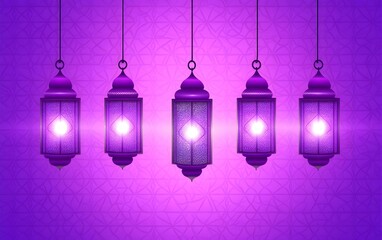 Five Glowing Purple Ramadan Lanterns Hanging Islamic Design