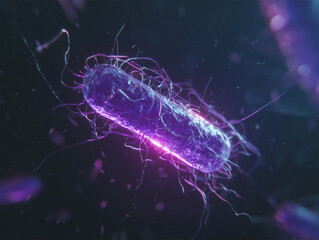 Cinematic 3D render of a single EHEC bacterium (E. coli O157:H7) with detailed surface fimbriae and glowing reflections. Ideal for microbiology, biotech, and health-related content