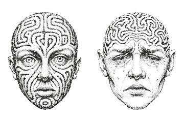 Faces with Maze Brain, Conceptual Stipple Art on Psychology.