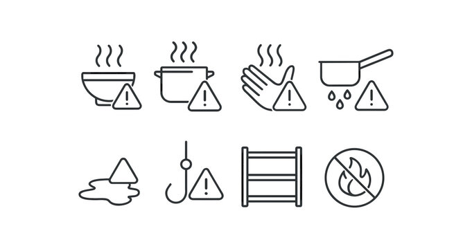 simple outline stroke icon 8 different hot soup hazard boiling pot caution steam burn risk slippery handle kitchen spill warning hanging hook caution storage rack zone no open flame