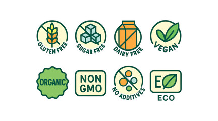 colored vector illustration icon 8 safety or eco labels flat fills with outlines gluten free sugar free dairy free vegan mark organic label non gmo no additives eco leaf isolated on white