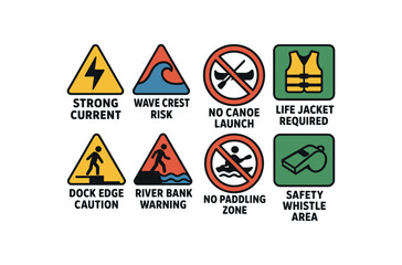 colored vector illustration icon 8 safety or eco labels flat fills with outlines strong current wave crest risk no canoe launch life jacket required dock edge caution river bank warning no