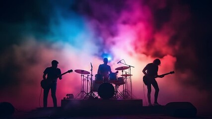 Silhouetted Rock Band on Stage – Live Concert with Colorful Smoke and Dramatic Lighting - Powered by Adobe
