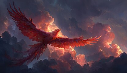Fiery phoenix soaring through sunset clouds