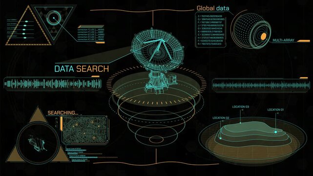 Animated display with a satellite dish antenna, showing data search