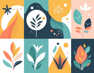 Obraz premium Hand drawn floral compositions in line art style. Elegant frame of flowers, stems and leaves. Trendy botanical elements. Vector illustration for logo or tattoo, save the date card, wedding invitation