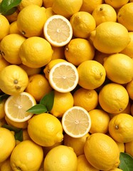 A vibrant collection of fresh lemons, showcasing their bright yellow color and juicy interiors.