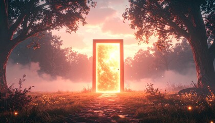 Mystical doorway of light standing in a serene, foggy forest during a golden hour sunset