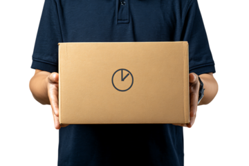 Person holding a cardboard box with a clock icon.