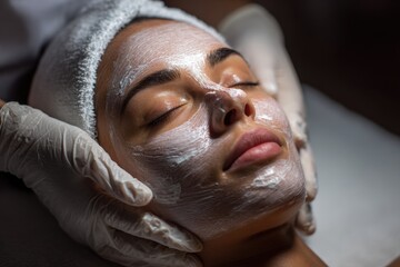 Professional skincare treatment in spa with woman lying on bed, facial mask cream applied by beautician in gloves, calm beauty and wellness session