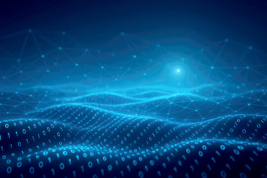 Abstract Digital Landscape of Wavy Binary Code and Network Connections terrain