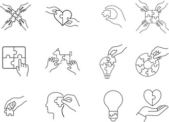 Puzzle Collaboration Stroke Icon Set. Containing Teamwork, Connection, Problem Solving, Innovation and more icons.