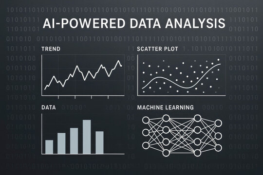 AI powered data analysis interface with trend graph bar chart scatter plot and neural network artificial intelligence