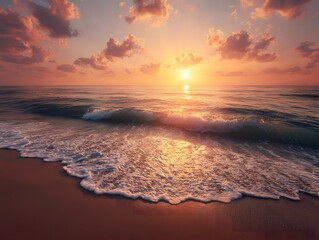 Golden Hour Serenity Gentle Waves Lapping on the Shore Under a Sky Ablaze with Pastel Hues of Orange and Pink