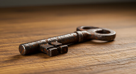 Antique Key on Wooden Surface: An aged, textured antique key rests on a natural wooden surface, inviting viewers to ponder its past and unlock the mysteries it holds.