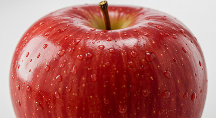 Fresh Red Apple Close-up: A perfectly ripe red apple glistens with tiny water droplets. Emphasizing natural freshness and vibrant color, a symbol of healthy eating