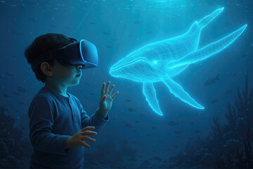 Child in VR headset exploring a digital whale in an underwater virtual reality environment image photo