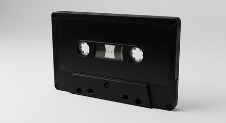 Fototapeta premium Audio Cassette Tape: A striking high-angle shot of a classic black audio cassette tape, evoking nostalgia for a bygone era of analog music.