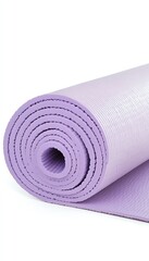 Rolled purple yoga mat ready for exercise, isolated on white background.