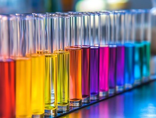 Row of colorful test tubes in a laboratory, showcasing vibrant chemical reactions and experimentation.