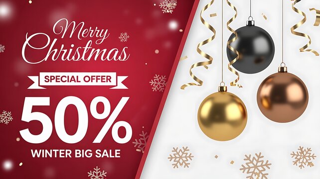 Merry christmas special offer 50 winter big sale with hanging baubles