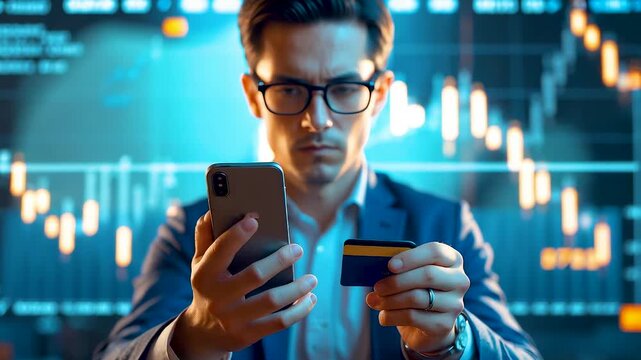 Confident businessman holding smartphone and credit card in front of stock market financial data chart background - Powered by Adobe