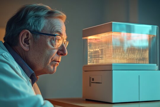 A senior scientist intently examines data displayed on a futuristic holographic device, analyzing complex scientific information. - Powered by Adobe