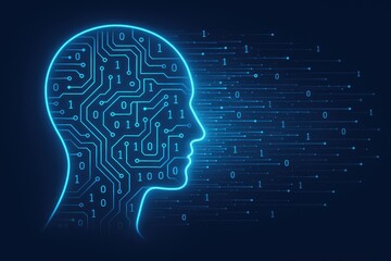 Futuristic AI head profile with glowing circuit board and binary data streams artificial intelligence