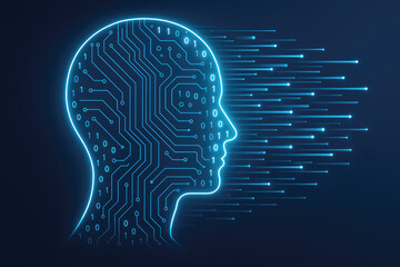 Futuristic AI head profile with glowing circuit board and binary data streams artificial intelligence
