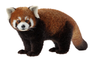 Adorable red panda standing, isolated on black background.