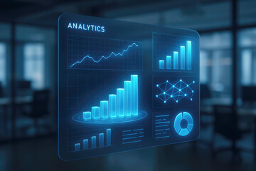 Futuristic holographic display showing analytics with glowing charts and graphs in office background