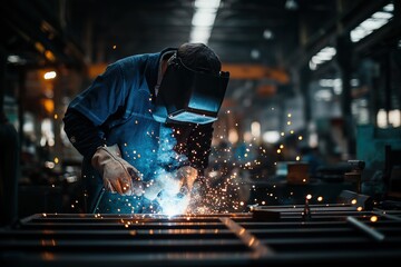 Welder in protective gear welding metal with sparks, inside illuminated factory workshop visible equipment, for industrial safety training or commercial advertisement content.