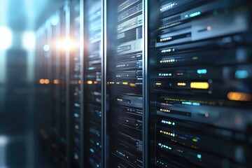 Futuristic server racks with glowing lights in a modern data center, representing IT infrastructure, cloud computing, data storage, networking, hosting, and advanced digital technology