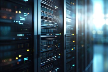 Futuristic server racks in modern data center with glowing lights, representing IT infrastructure, cloud computing, data storage, networking, hosting, and advanced digital solutions