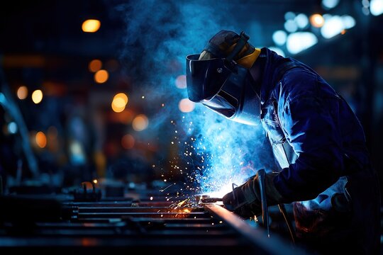  Skilled worker in safety gear welding metal sparks flying, brightly lit factory setting with machinery, for professional training or advertisement campaigns.