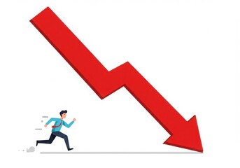 Man running from falling red downward arrow isolated on white background