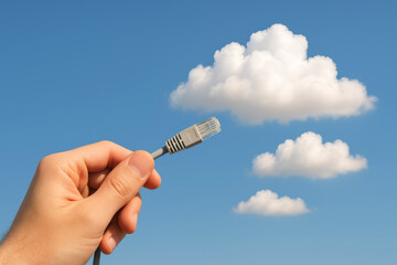 Hand holding grey ethernet cable with white clouds in blue sky cloud computing network cable