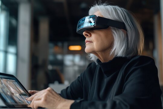 Senior woman using futuristic AR glasses and tablet, exploring digital world.