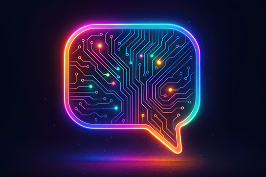 Glowing neon speech bubble with circuit board and colorful lights technology communication