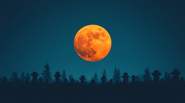 Haunted graveyard under full moon, spooky silhouette design for Halloween flyer